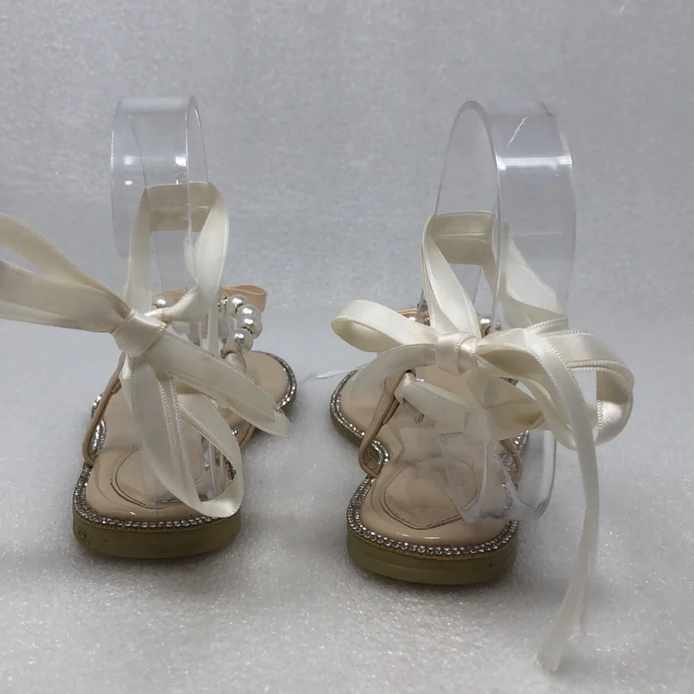 Kailee P Sandals Faux Pearl & Rhinestone Crystal Champagne Ankle Ribbon Size 33